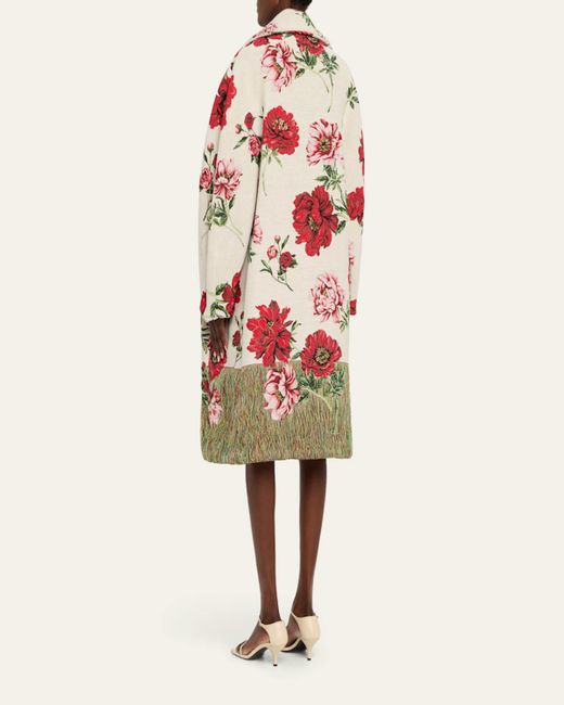 Oscar de la Renta White Oversized Peony Jacquard Coat