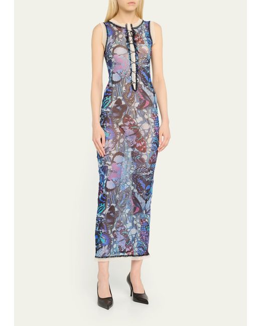Jean Paul Gaultier Blue Butterfly Mesh Lace-up Dress
