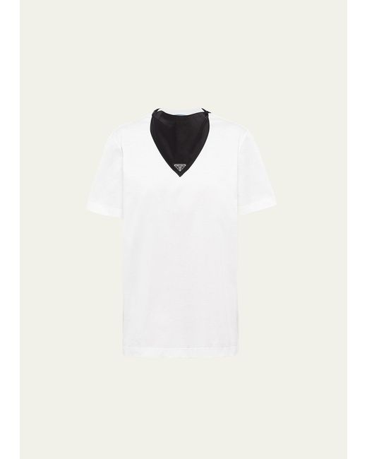 Prada White Jersey T-shirt W/ Re-nylon Scarf