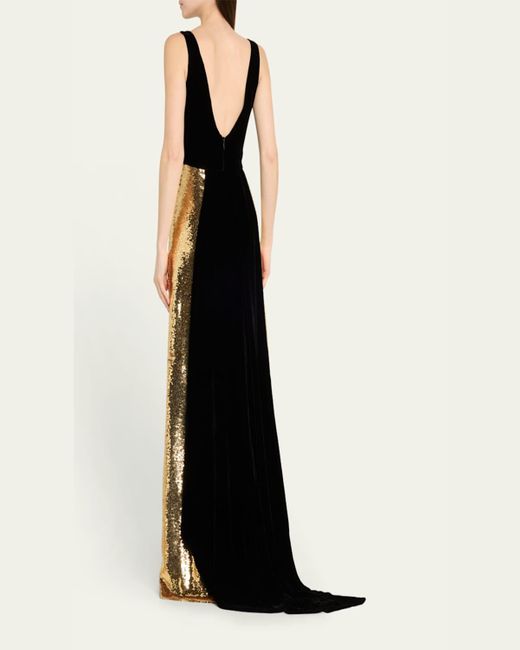 Monique Lhuillier Metallic Velvet Bodice Gown And Train With Sequined Skirt