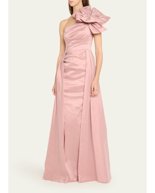 Teri Jon Pink One-shoulder Bow-front Pleated Taffeta Gown