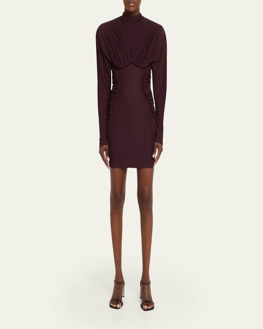 Stella McCartney Purple Pleated High-Neck Long-Sleeve Mini Dress