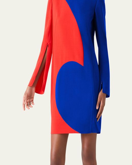 Akris Blue Vortex Patchwork Wool Long-Sleeve Mini Dress