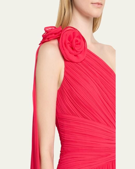 Teri Jon Draped One-Shoulder Pleated Chiffon Gown in Pink