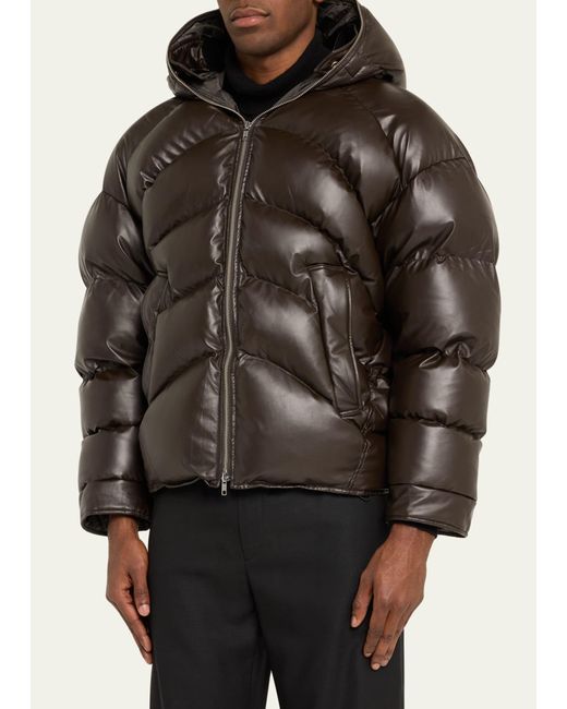 Random Identities Brown Hooded Faux-leather Puffer Jacket for men