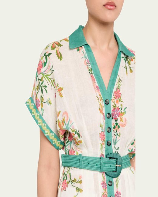 Saloni Red Riya-B Belted Floral Linen Maxi Shirt Dress