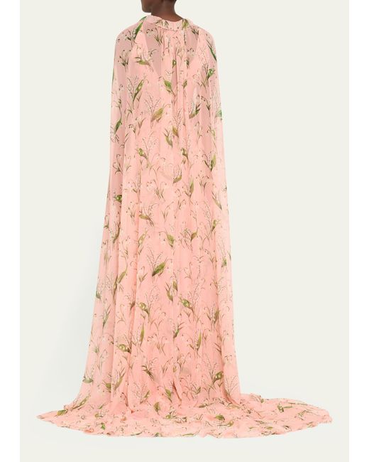 Carolina Herrera Pink Plunging Floral-print Ruffle Cape Gown