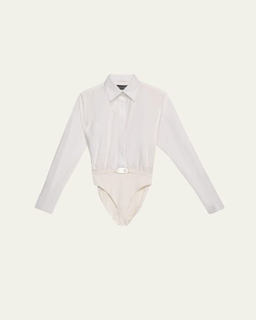 Brandon Maxwell Natural The Bradshaw Button-Up Belted Bodysuit Shirt