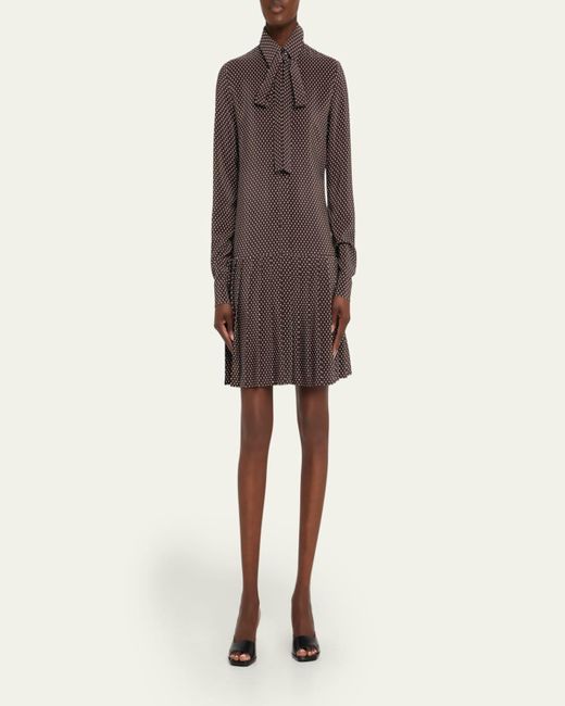 Michael Kors Brown Polka-Dot Silk Pleated Drop-Waist Bow Mini Shirtdress