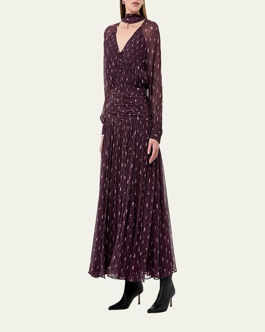 Nicholas Purple Draya Ruched Tie-Neck Viscose Maxi Dress
