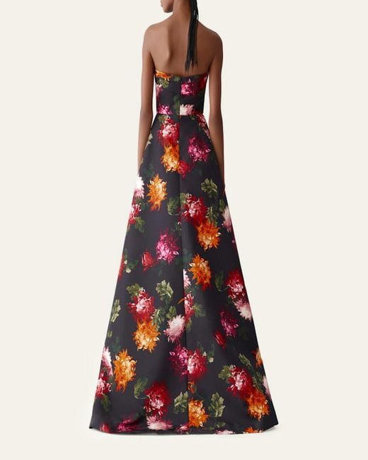 Carolina Herrera Red Floral-Print Strapless A-Line Gown