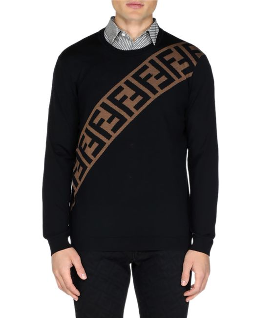 Fendi Black Men's Diagonal-logo Wool Pullover Sweater for men