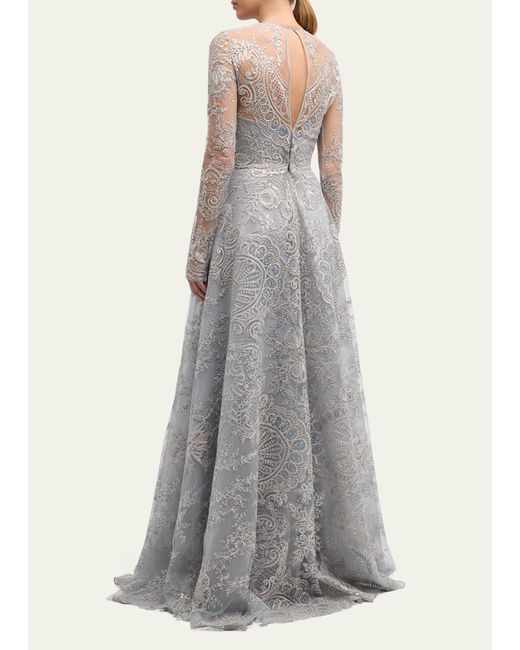 Naeem Khan Gray Tattoo Lace Gown With Sheer Overlay