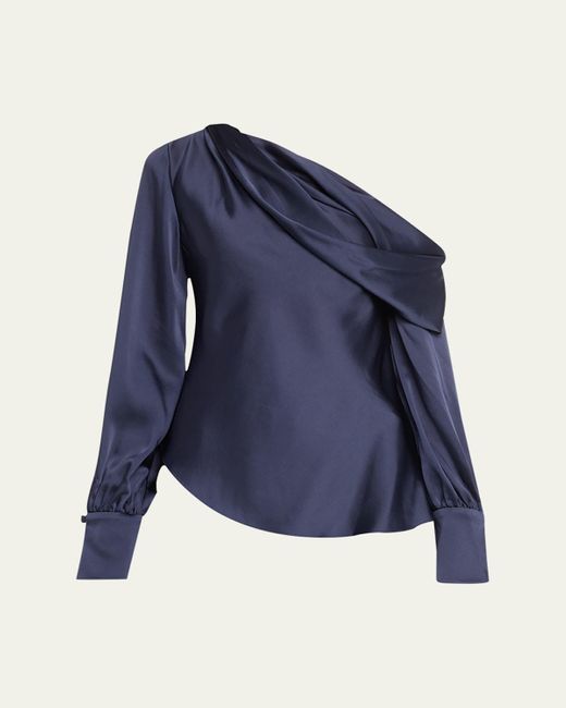 Jonathan Simkhai Blue Alice Draped Satin One-Shoulder Top
