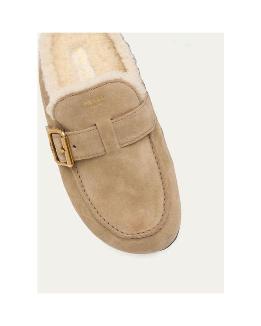 Prada Natural Shearling-Lined Suede Buckle Clogs