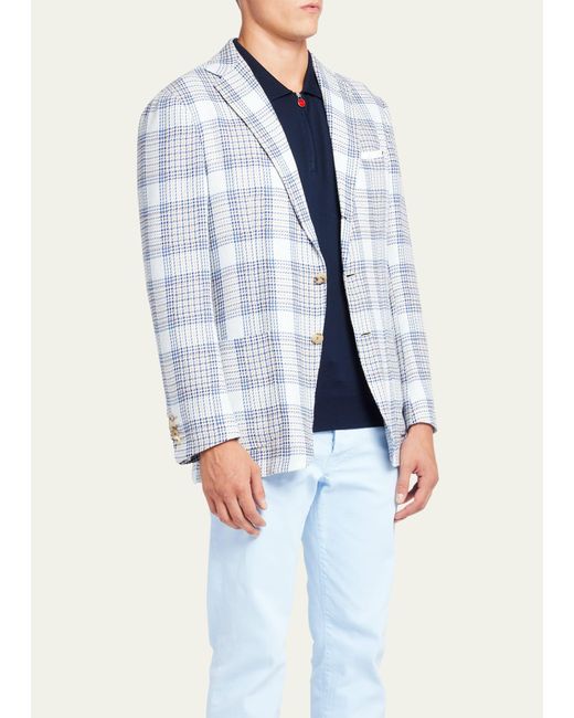 Kiton Blue Cashmere-linen Plaid Sport Coat for men