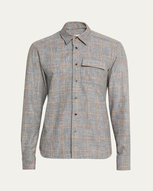 Kiton Gray Windowpane Snap-Front Overshirt for men