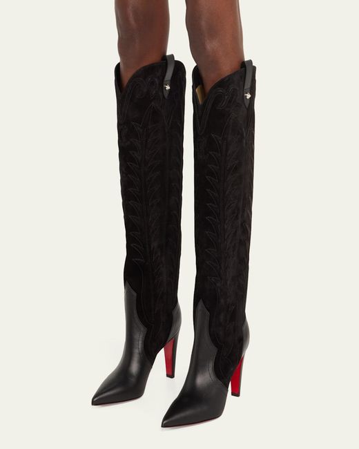Christian Louboutin Black 85Mm Santia Mixed Leather Suede Knee-High Western Boots