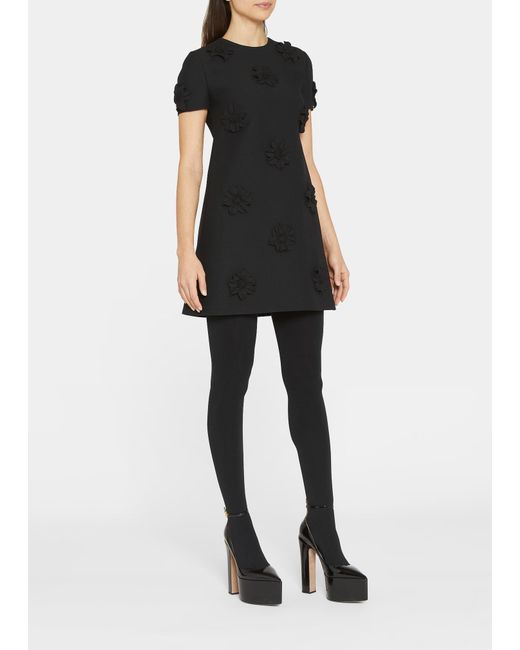 Valentino Garavani Flower Applique Crepe Mini Dress in Black