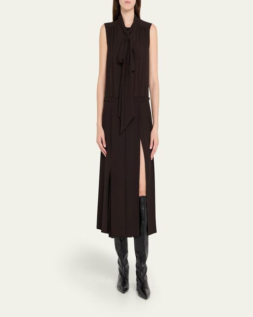 Michael Kors Black Scarf-Neck Pleated Silk Midi Shirtdress
