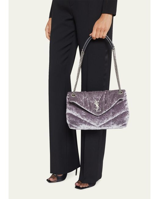 Saint Laurent Gray Loulou Small Ysl Puffer Velvet Chain Shoulder Bag