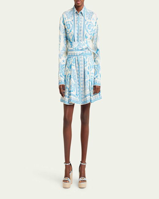 Versace Blue Pleated Baroque Scarf-Print Mini Shirtdress