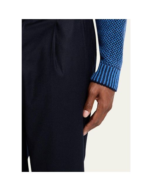 Kiton Blue Wool Stretch Pleated Drawstring Trousers for men