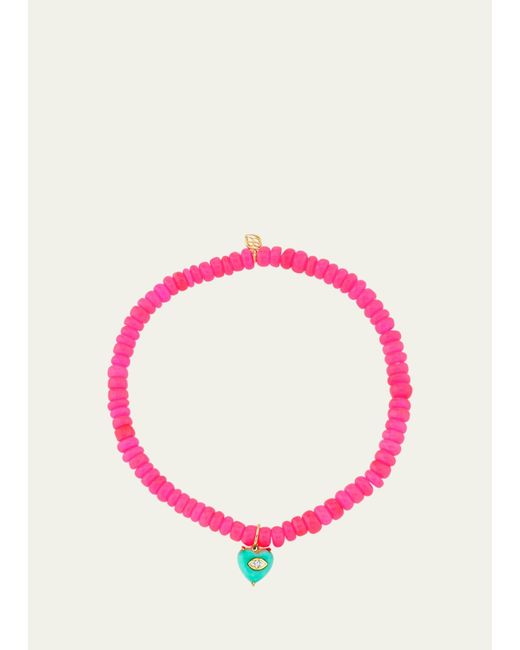 Sydney Evan 14k Yellow Gold Small Carved Diamond Marquise Bezel Turquoise Heart Charm On Hot Pink Opal Beaded Bracelet