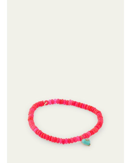 Sydney Evan 14k Yellow Gold Small Carved Diamond Marquise Bezel Turquoise Heart Charm On Hot Pink Opal Beaded Bracelet