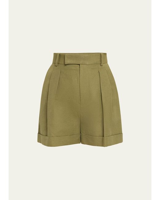 FRAME Green Pleated Wide-cuff Shorts