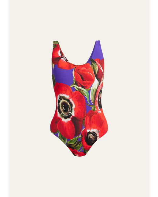 Dolce & Gabbana Red Flower Power Olympic One-piece Swimsuit