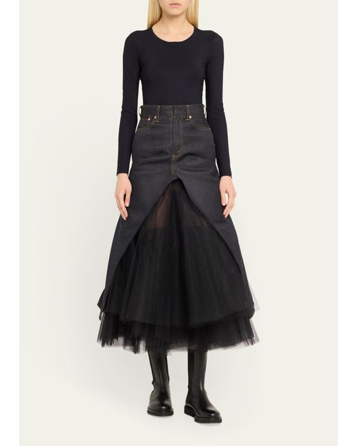 Junya Watanabe Black Denim Tulle Maxi Skirt