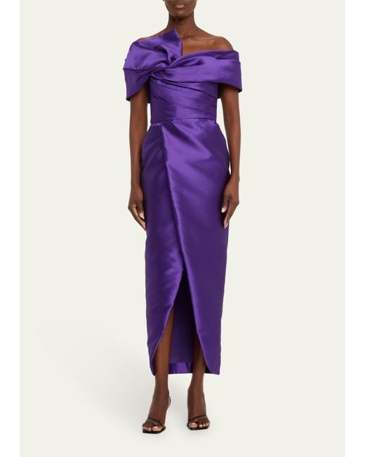Marchesa Purple Off-shoulder Draped Gown With Tulip Skirt