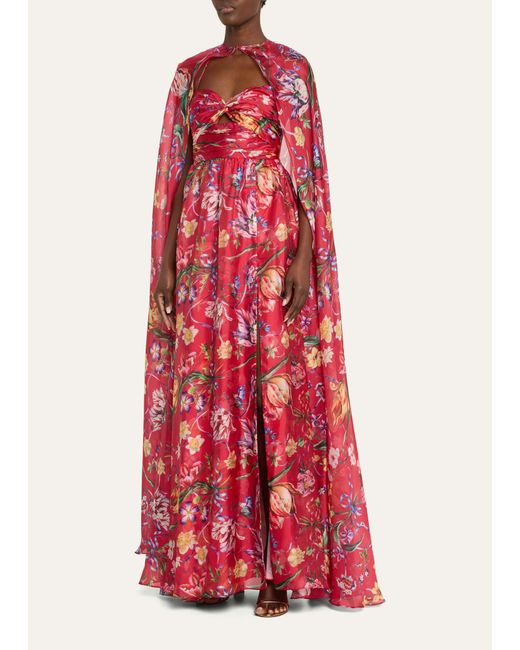 Marchesa Red Cutout Floral-print Sweetheart Cape Gown