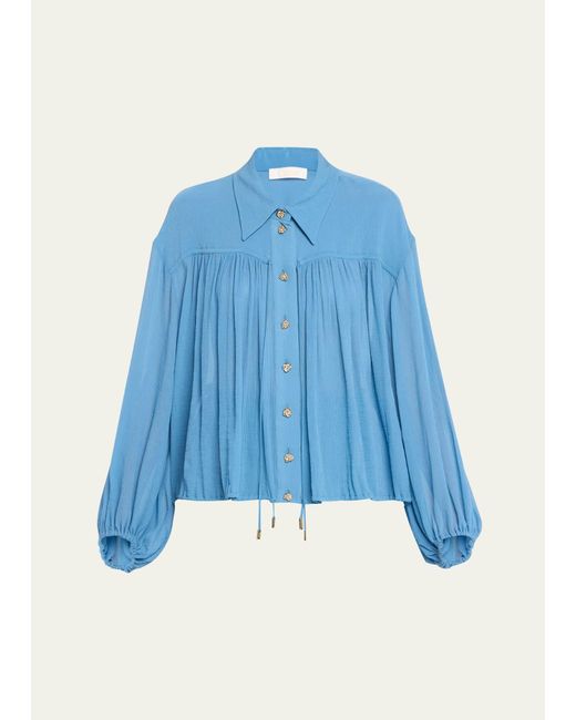 Chloé Blue X High Summer Cotton Silk Button-front Blouson Top