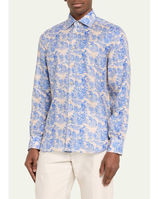 Kiton Blue Tropical Linen Casual Button-down Shirt for men