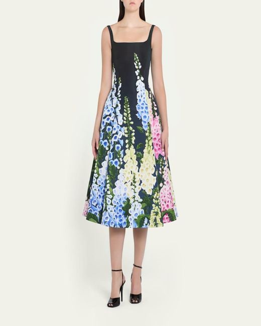 Oscar de la Renta Blue Multi Foxglove Degrade Printed Faille Midi Cocktail Dress
