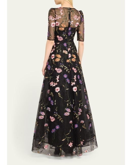 Teri Jon White Beaded Floral-embroidered Tulle Gown