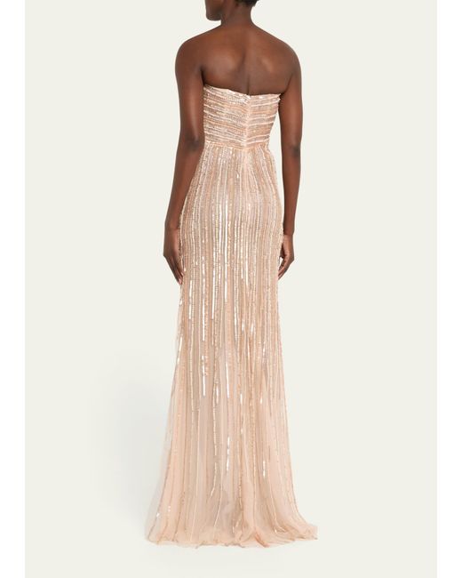 Pamella Roland Natural Ombre Swirl Bead Sequined Strapless Tulle Gown