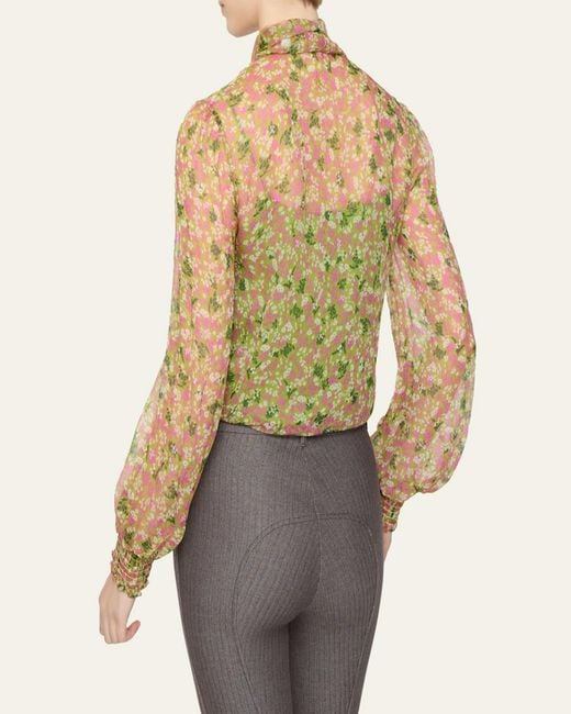 Burberry Green Lila Floral Silk Scarf-Tie Blouse