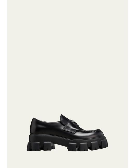 Prada Black Monolith Lug-sole Brushed Leather Loafers for men