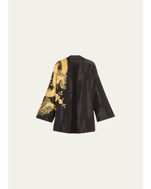 Natori Black Dragon-embroidered Silk Kimono Jacket
