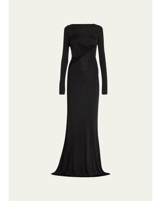 Saint Laurent Black Ruched Long-sleeve Jersey Gown