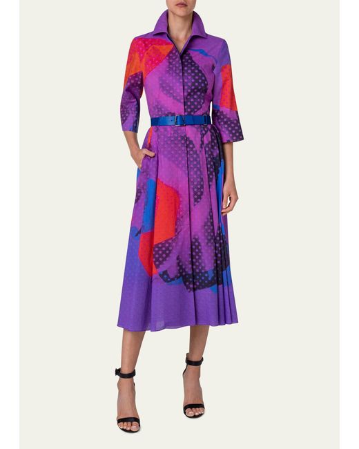 Akris Pink Superimposition Print Voile Belted Shirtdress