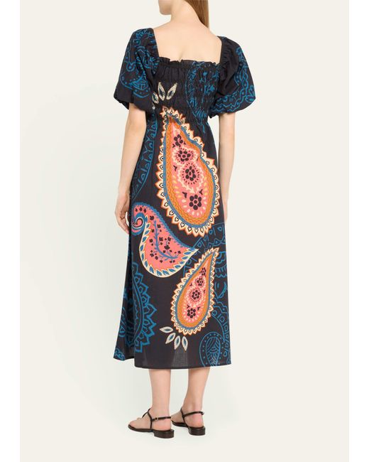 VERANDAH Blue Paisley Printed Smocked Maxi Dress