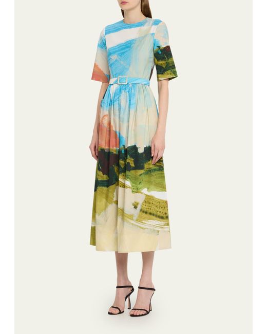 Oscar de la Renta Blue Abstract Landscape Print Flared Midi Dress With Removable Belt