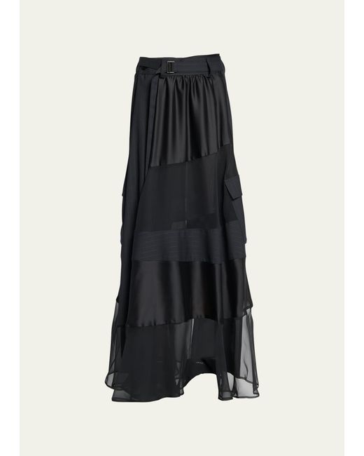 Sacai Black Long Belted Chalk Stripe Skirt