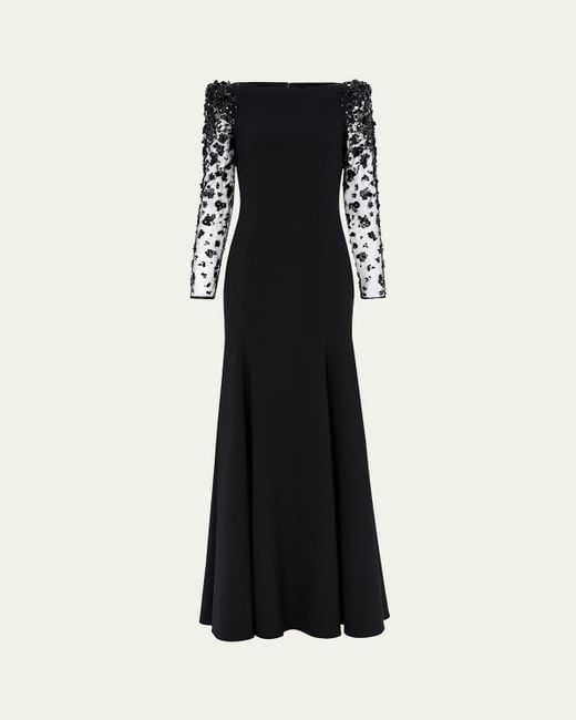 Jenny Packham Black Sylvia Beaded Long-Sleeve Crepe Gown