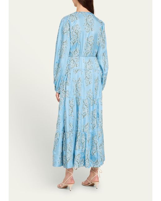 Hannah Artwear Blue Larissa Embroidered Silk Habotai Tiered Midi Dress