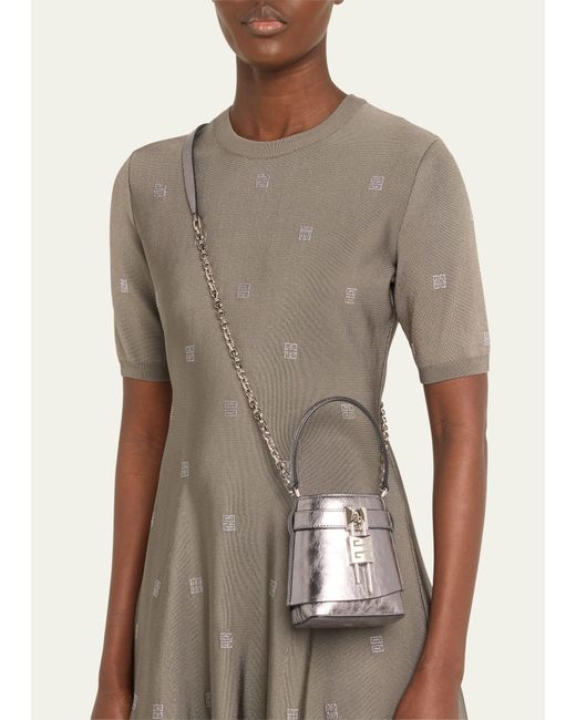 Givenchy Gray Shark Lock Micro Bucket Bag In Metallized Laminated Leather